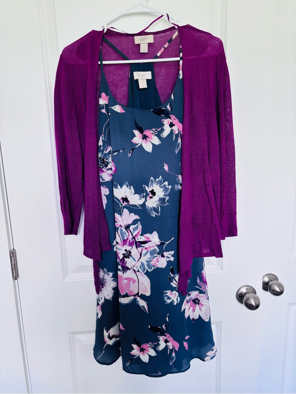 LOFT Grey Floral Midi Dress with Magenta Cardigan
